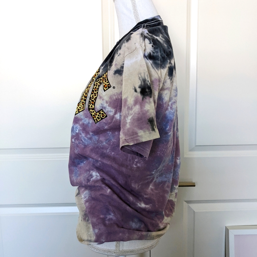 Women’s AC/DC Graphic Rocker T-shirt Size M Tie Dye Cut Out Collar Leopard Print - Picture 8 of 12
